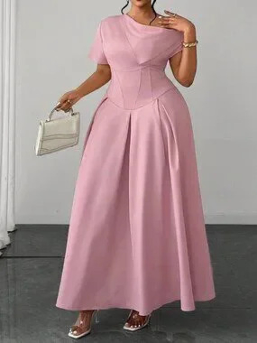 ZARA Pink Elegant Women's Short Sleeve Cinched Waist Flared Hem Dress